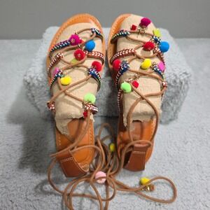 Mossimo Supply Co. Brown Gladiator Flat Sandals Colorful Pom Pom Fiesta Size 7